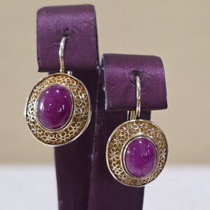 Floral Purple Spinel Cabochon Oval Stone Gold Sterling Silver Pierced Earrings